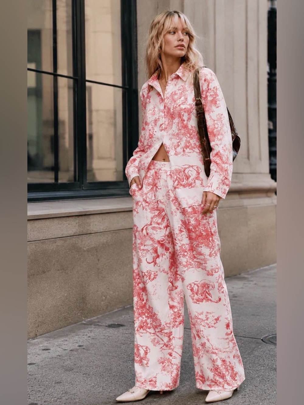 0239.  Pink Toile Wide-Leg Pant Set - Casual Chic